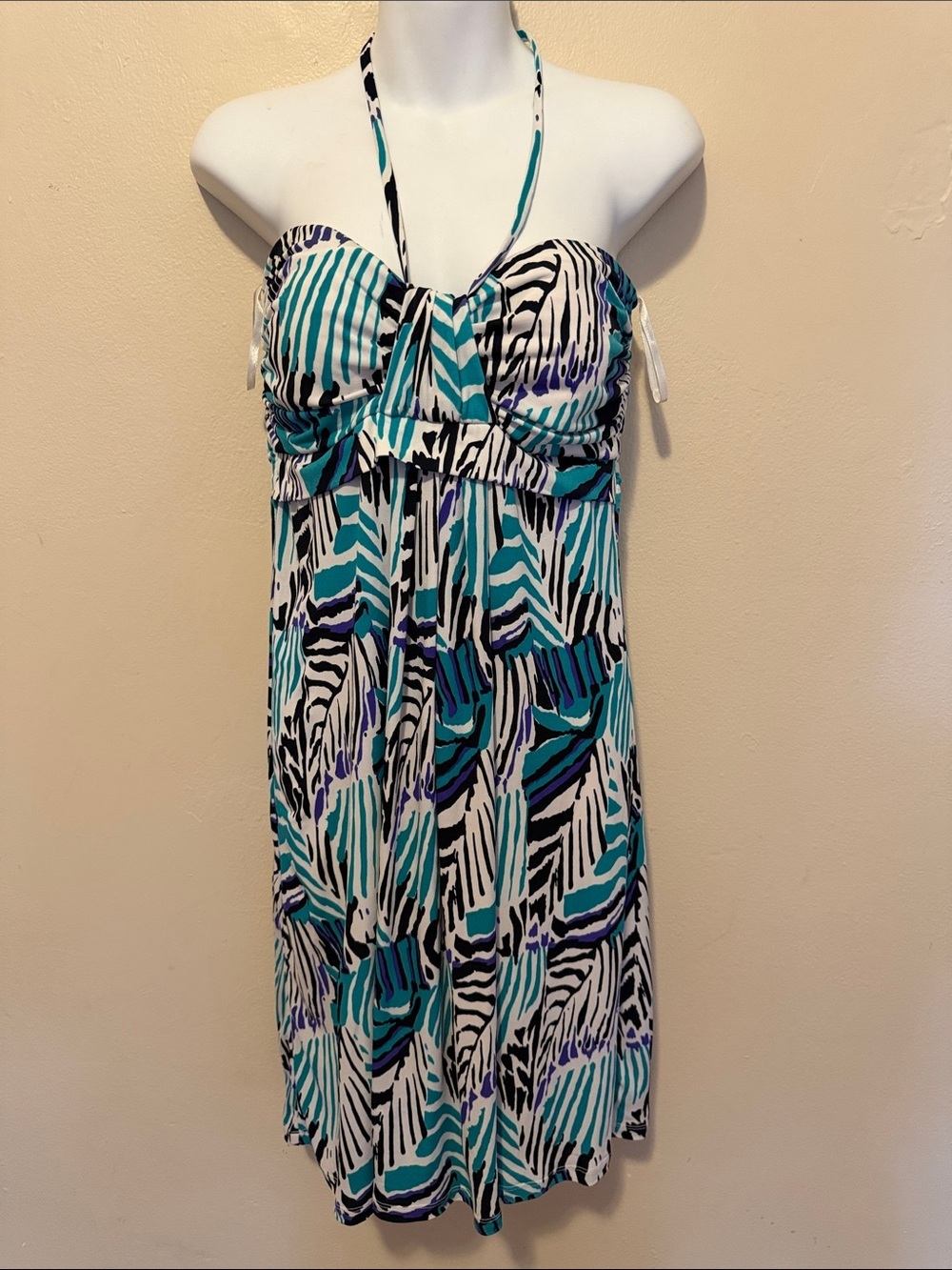Fashion Bug Teal, Black and White Halter Zebra-Print Dress